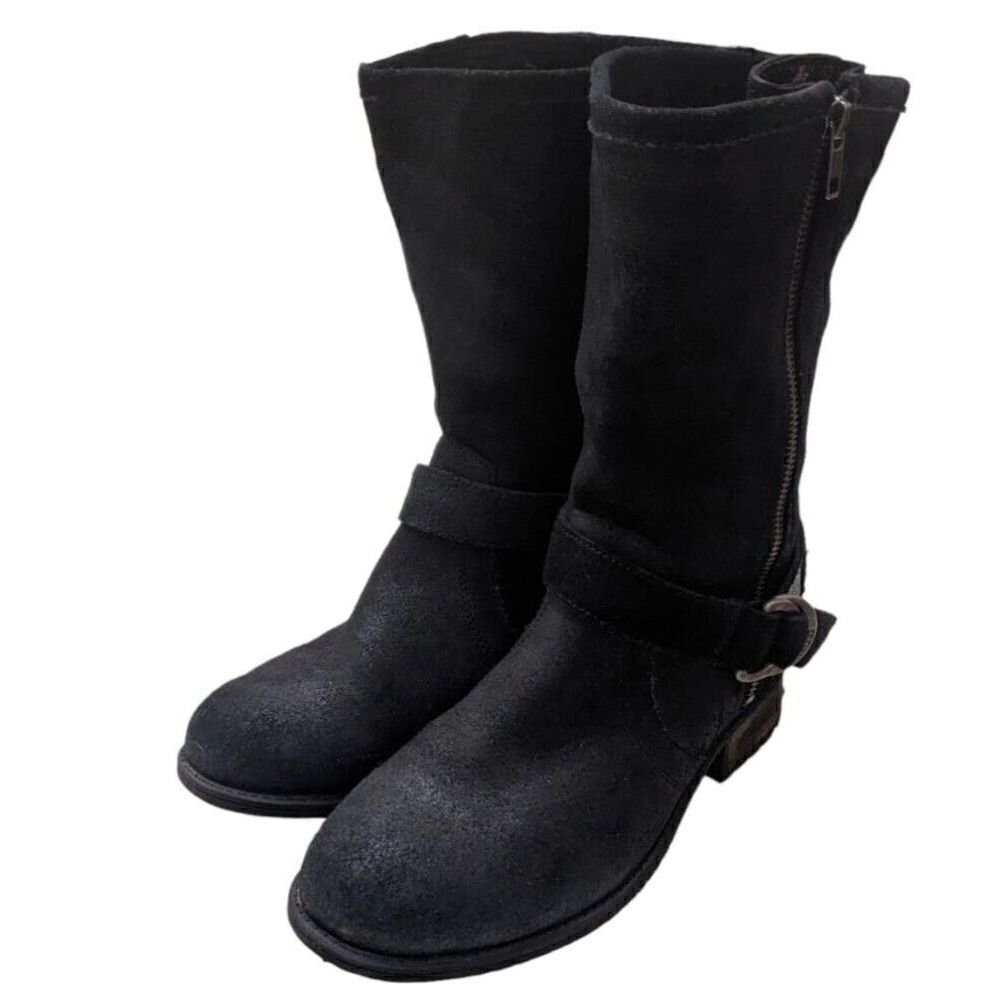 UGG Silva‎ Moto Boots Black Suede Leather Buckle Australia Womens 7 Side Zip